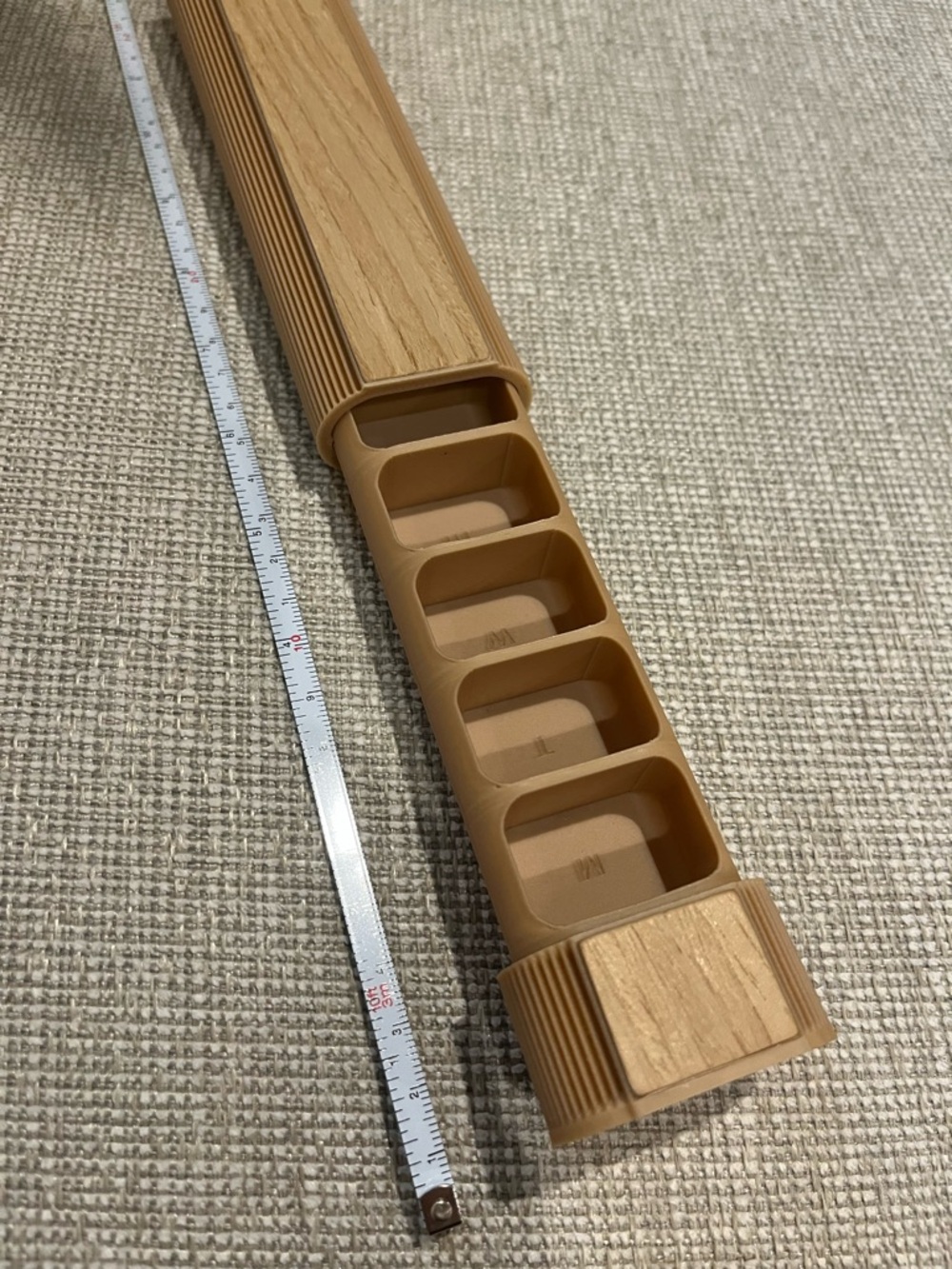 3D printed pill organizer with wood panel detail